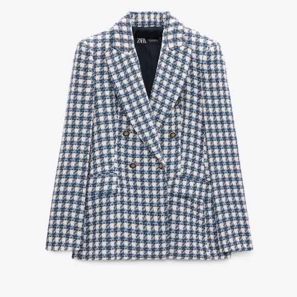 Zara Blue Double Breasted Houndstooth Blazer size S  academia preppy old money - Picture 3 of 13